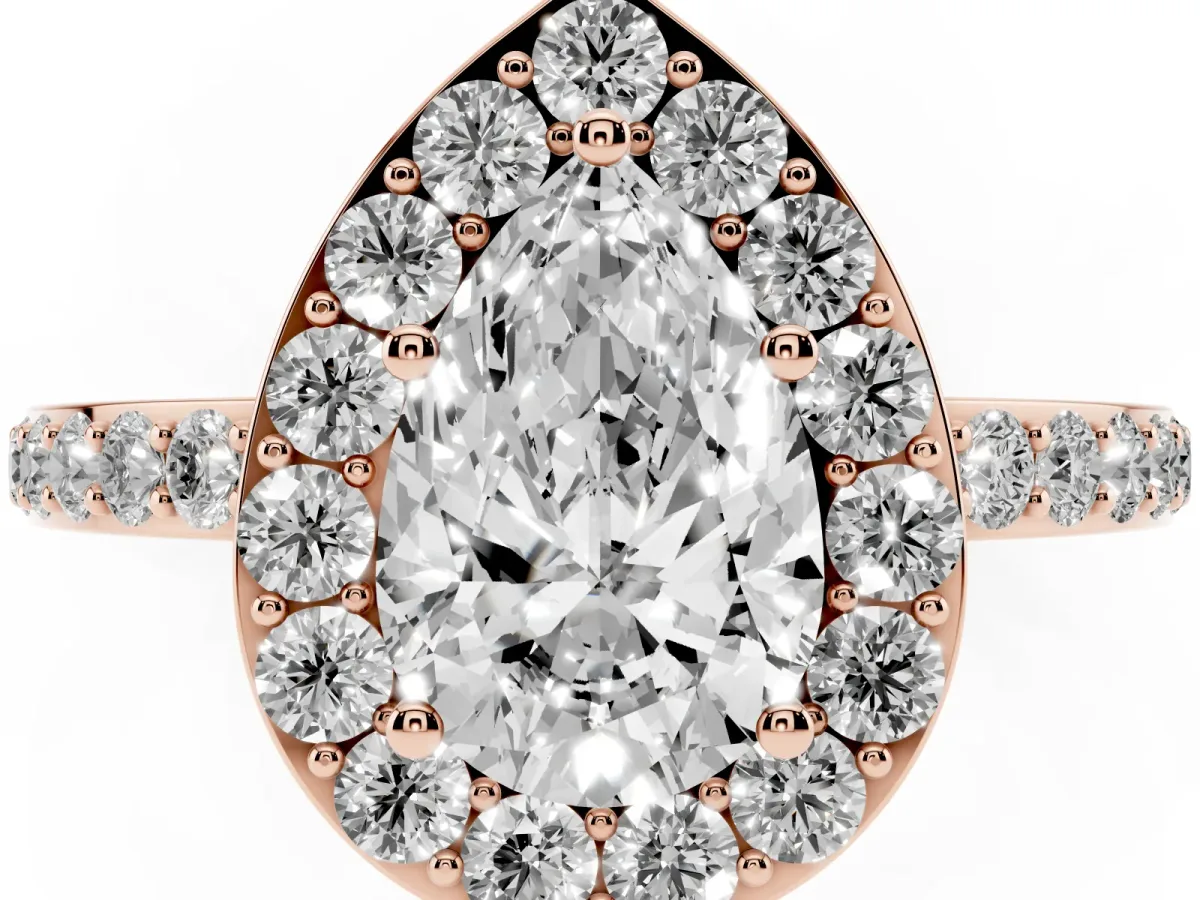 Pear Cut Halo Diamond Pavé Band Ring with Prong Setting Rose gold