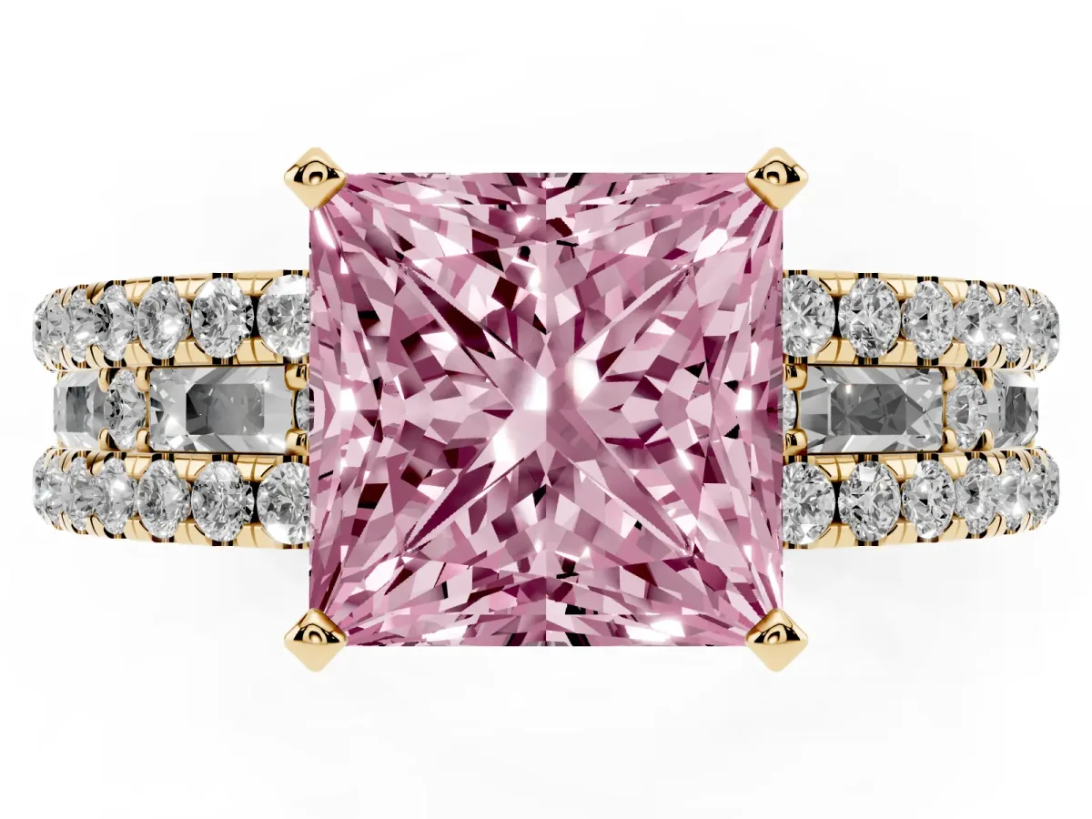 Fancy Pink Princess Cut Diamond Solitaire Ring with Pavé and Channel Set Band Yellow gold