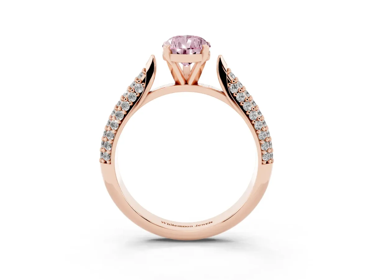 Fancy Pink Pear Cut Diamond Solitaire Engagement Ring with Multi-Row Round Pavé Band and Prong Setting Rose gold