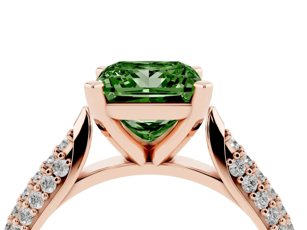 Fancy Green Princess Cut Diamond Solitaire Engagement Ring with Multi-Row Round Pavé Band and Prong Setting Rose gold