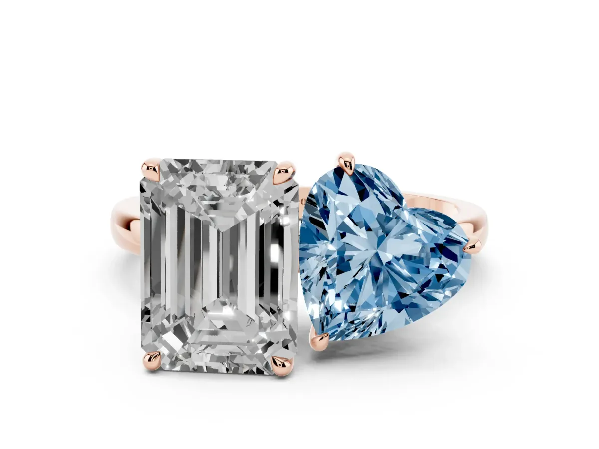 Fancy Blue Heart Cut and Emerald Cut Toi Moi Ring with Prong Setting Rose gold