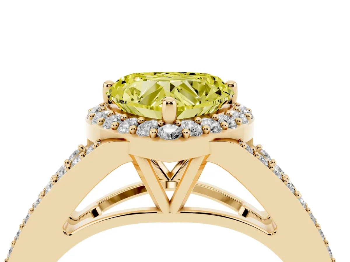 Fancy Yellow Heart Cut Halo Split Shank Pave Diamond Ring with Four-Prong Setting Yellow gold