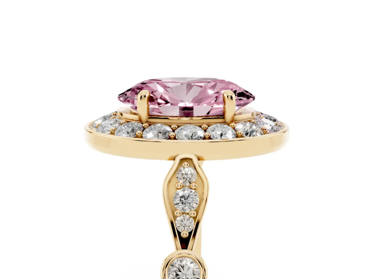 Fancy Pink Oval Cut Halo Diamond Engagement Ring with Twisted Band and Four-Prong Setting Yellow gold