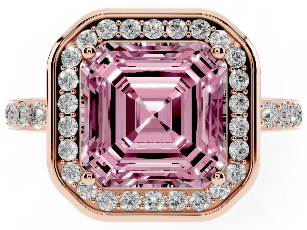 Fancy Pink Asscher Cut Diamond Halo Ring with Bezel Frame and Pavé Band Rose gold