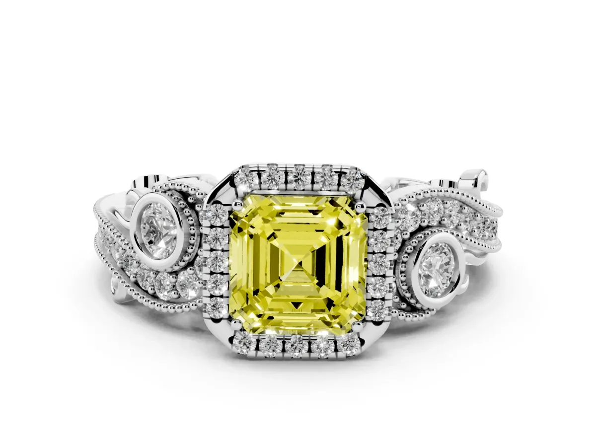 Fancy Yellow Asscher Cut Halo Diamond Ring with Milgrain and Bezel Accents on a Split Shank Band Platinum