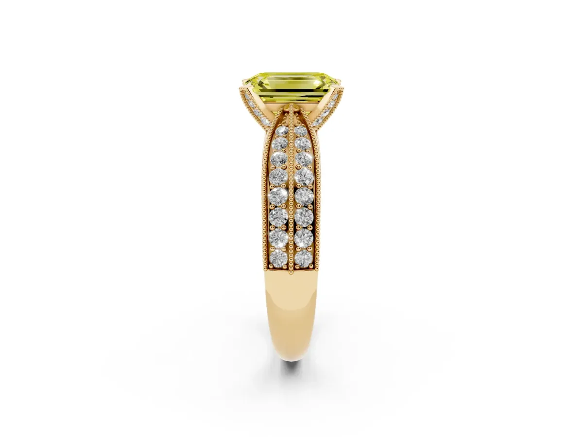 Fancy Yellow Emerald Cut Diamond Solitaire Ring with Milgrain Round Pavé Band and Prong Setting Yellow gold