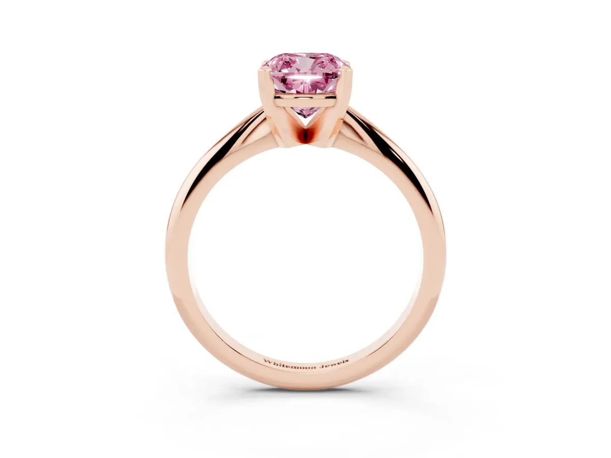 Fancy Pink Cushion Cut Cut Solitaire Ring with Four-Prong Setting on a Classic Band Rose gold