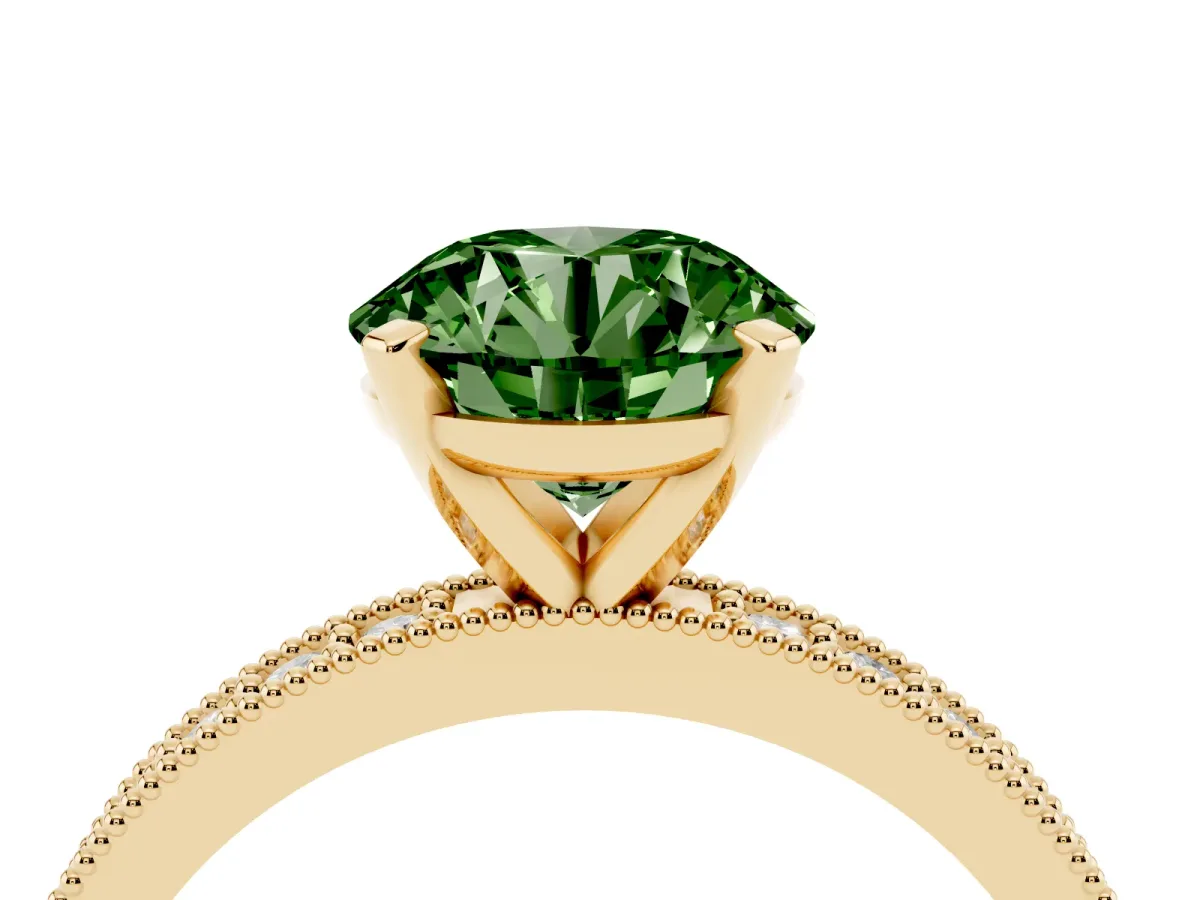 Fancy Green Round Cut Diamond Milgrain Pavé Engagement Ring with Four-Prong Setting Yellow gold
