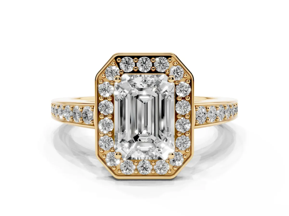 Emerald Cut Halo Pavé Diamond Engagement Ring with Bezel Setting Yellow gold