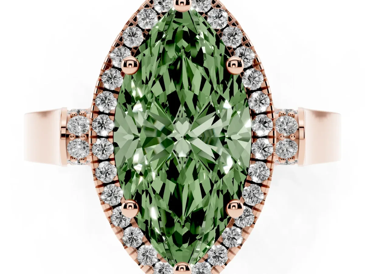 Fancy Green Marquise Cut Halo Round Diamond Twist Band with Four-Prong Setting Rose gold
