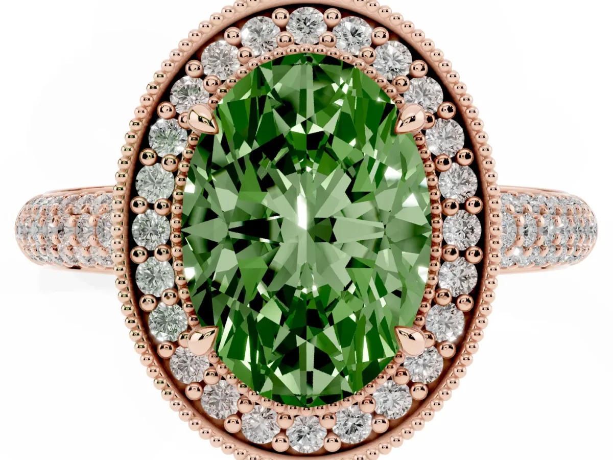 Fancy Green Oval Cut Cut Halo Diamond Pave Band with Four-Prong Setting Rose gold