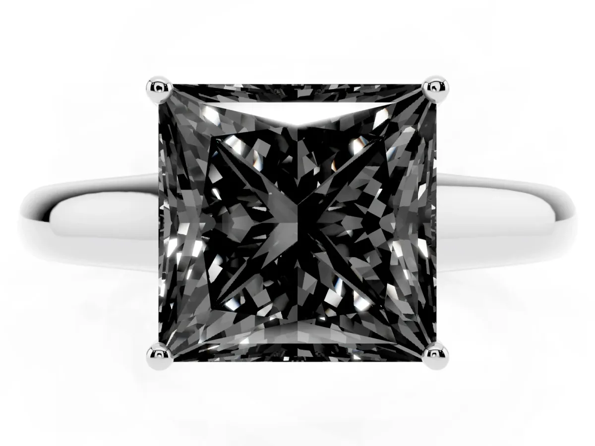Fancy Black Princess Cut Solitaire Engagement Ring with Tapered Band and Four-Prong Setting Silver