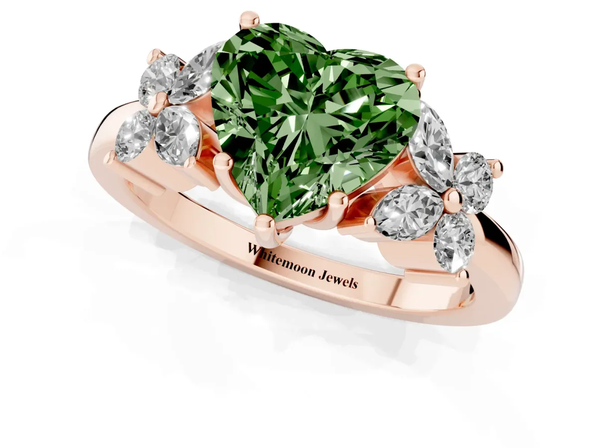 Fancy Green Heart Cut Diamond Floral Cluster Ring with Solitaire Band and Prong Setting Rose gold