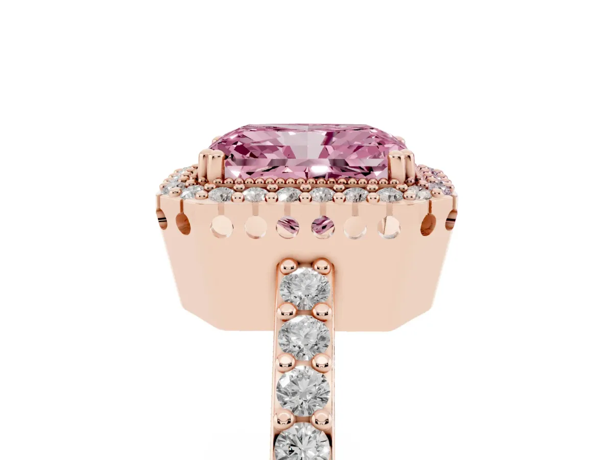 Fancy Pink Radiant Cut Cut Diamond Halo Engagement Ring with Milgrain Detail and Pavé Band Rose gold