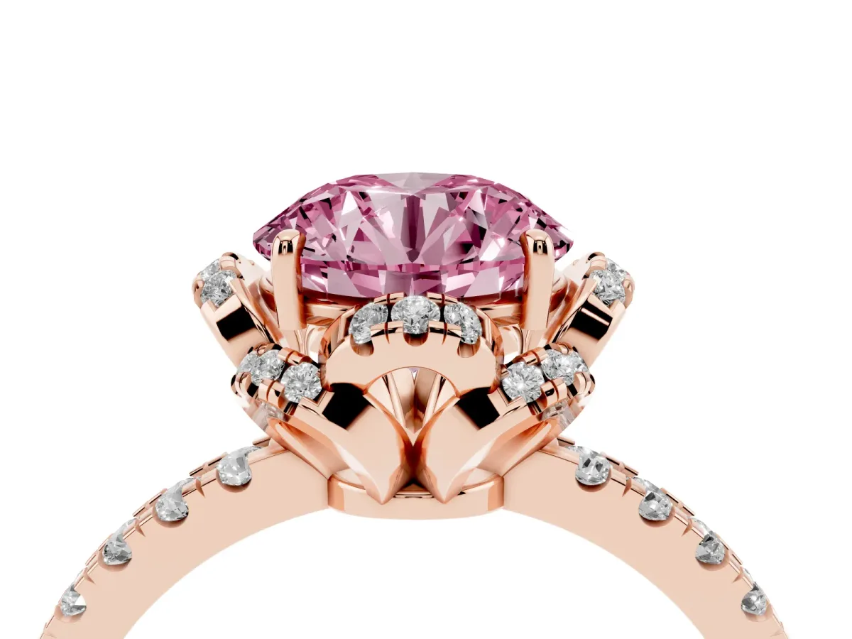 Fancy Pink Round Cut Halo Diamond Pave Band Ring with Four-Prong Setting Rose gold