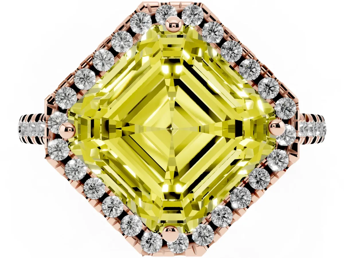 Fancy Yellow Asscher Cut Diamond Cushion Halo Ring with Pavé Band Rose gold
