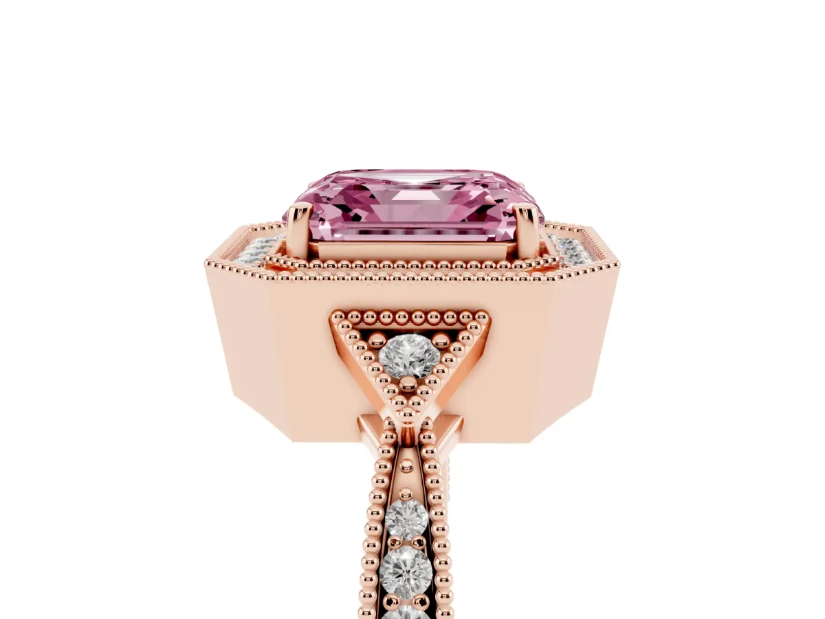 Fancy Pink Asscher Cut Halo Round Diamond Milgrain Pave Engagement Ring Rose gold