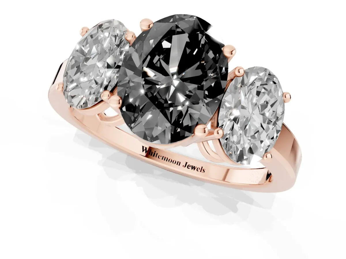 Fancy Black Three-Stone Oval Cut Cut Diamond Engagement Ring with Flat Band and Four-Prong Setting Rose gold