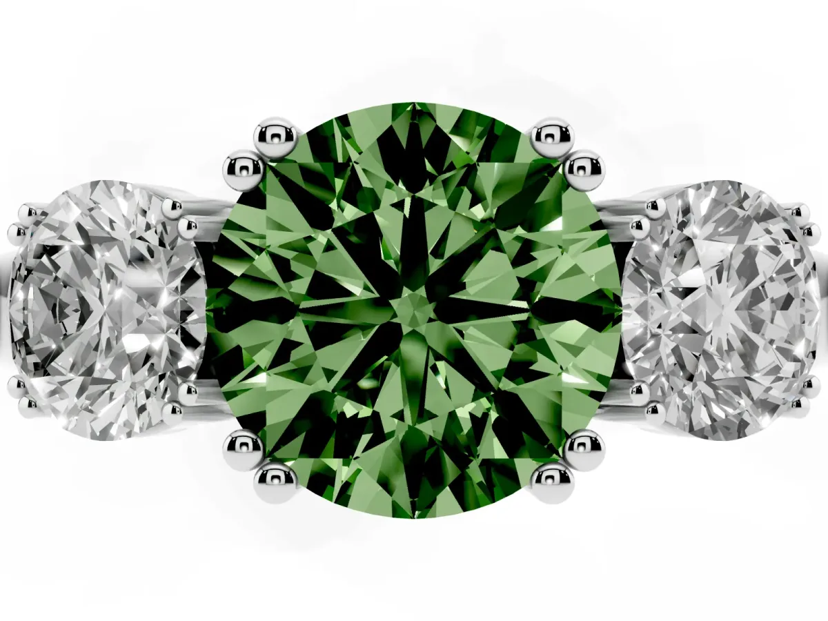 Fancy Green Three-Stone Round Cut Cut Diamond Ring with Channel Set Band and Four-Prong Setting Silver