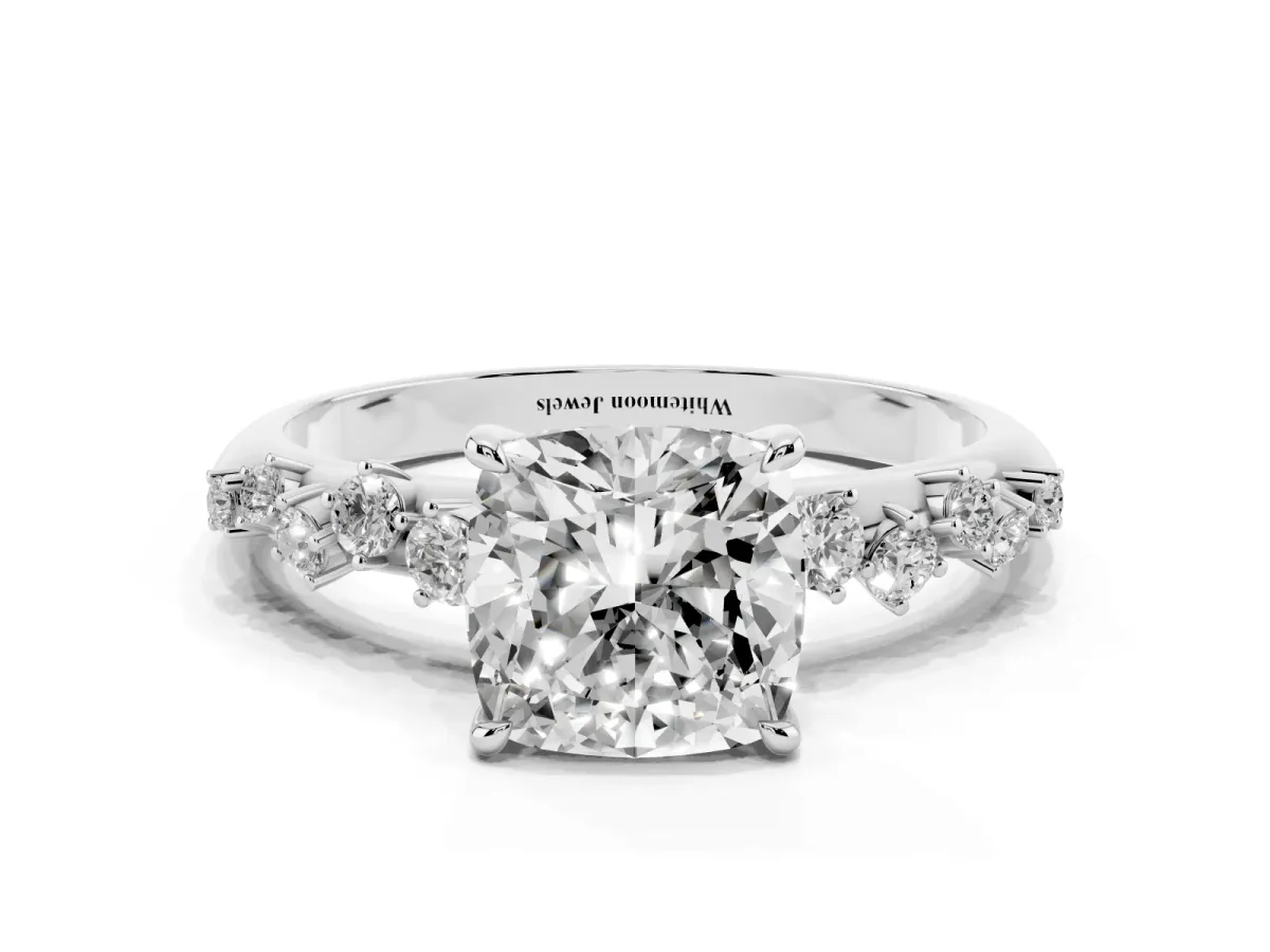 Cushion Cut Diamond Cluster Side Stone Solitaire Ring with Prong Setting Silver