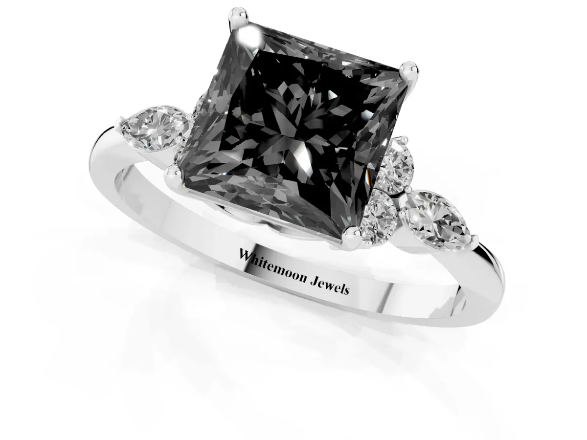 Fancy Black Princess Cut Brilliant Diamond Solitaire Ring with Pear Side Stones and Four-Prong Setting Silver