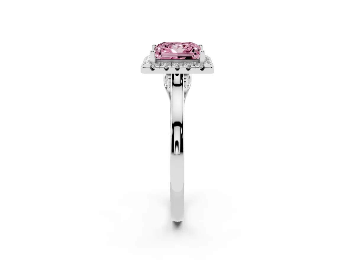 Fancy Pink Princess Cut Halo Round Diamond Solitaire Ring with Pavé Band and Four-Prong Setting Silver