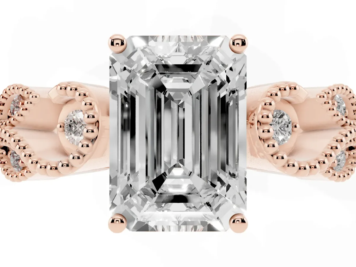Emerald Cut Solitaire Milgrain Leaf Band with Prong Setting Rose gold
