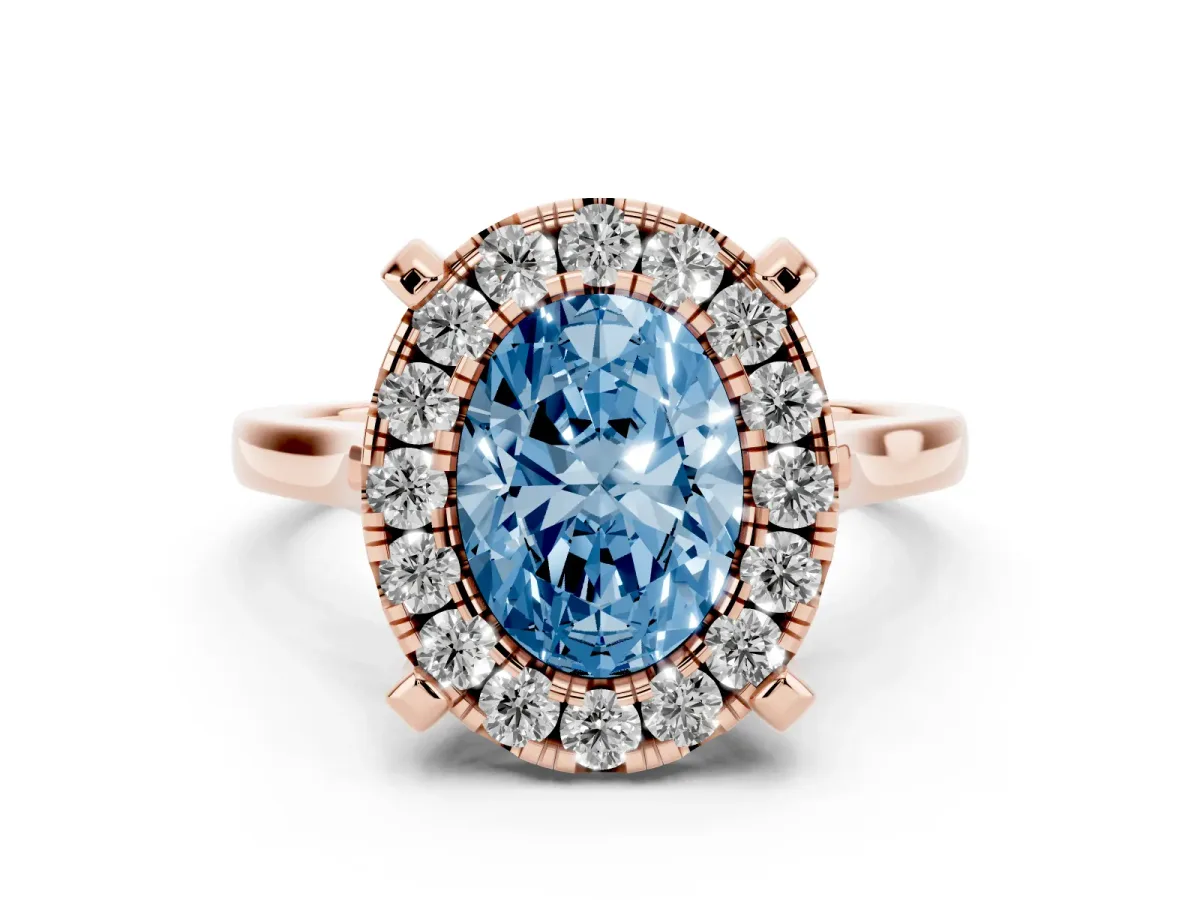 Fancy Blue Oval Cut Diamond Cluster Halo Solitaire with Four-Prong Setting Rose gold