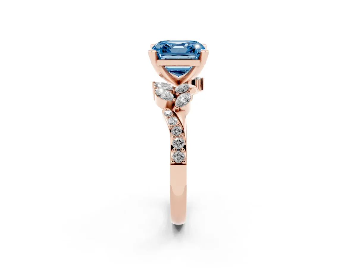 Fancy Blue Asscher Cut Solitaire Marquise Twist Band with Six-Prong Setting Rose gold