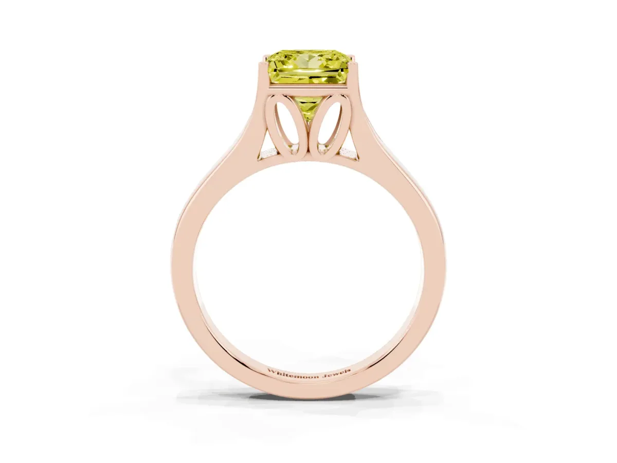 Fancy Yellow Princess Cut Solitaire Diamond Ring with Cathedral Band and Four-Prong Setting Rose gold