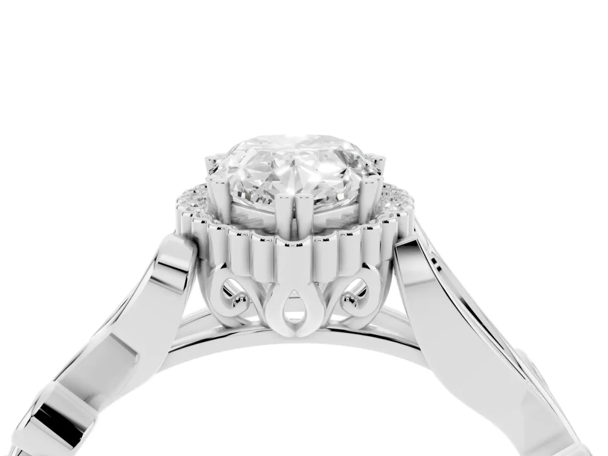 Pear Cut Diamond Halo Ring with Vintage Split Shank and Four-Prong Setting Platinum