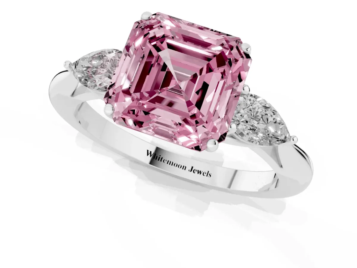 Fancy Pink Three-Stone Asscher Cut Diamond Ring with Pear Side Stones in Four-Prong Setting Silver