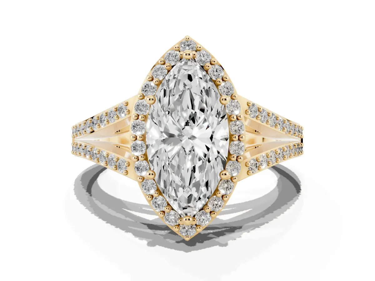 Marquise Cut Halo Split Shank Diamond Ring with Prong Setting Yellow gold