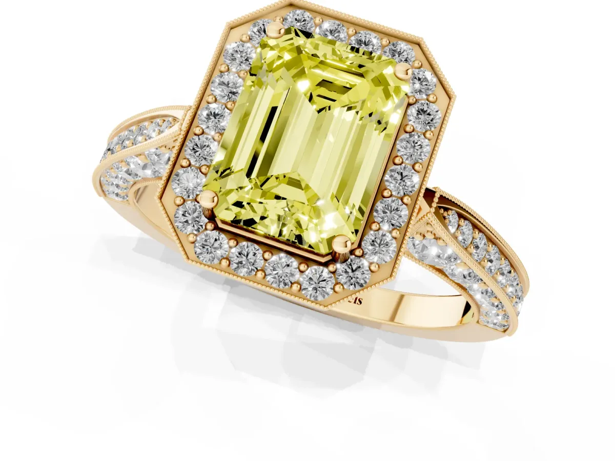 Fancy Yellow Emerald Cut Halo Diamond Engagement Ring with Split Shank Band and Four-Prong Setting Yellow gold