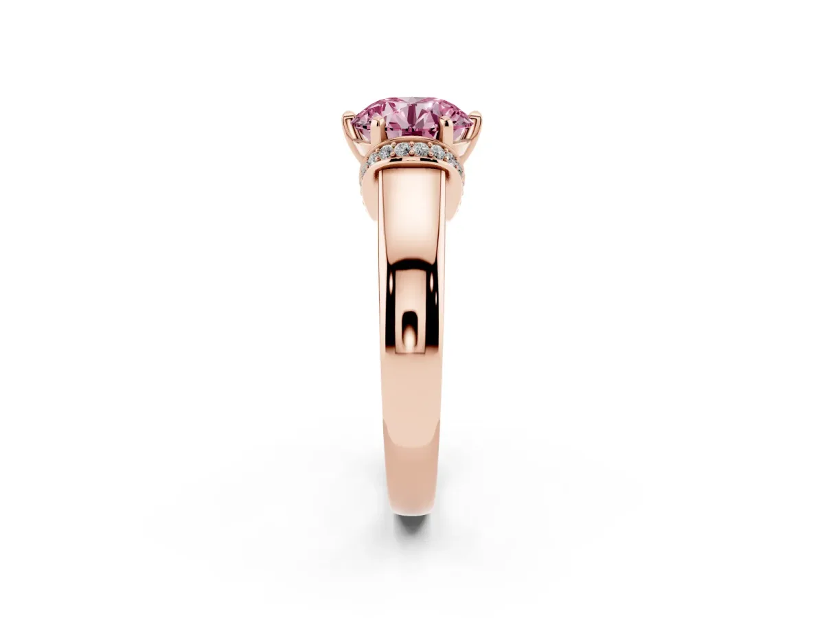 Fancy Pink Round Cut Solitaire Diamond Ring with Pave Band and Six-Prong Setting Rose gold