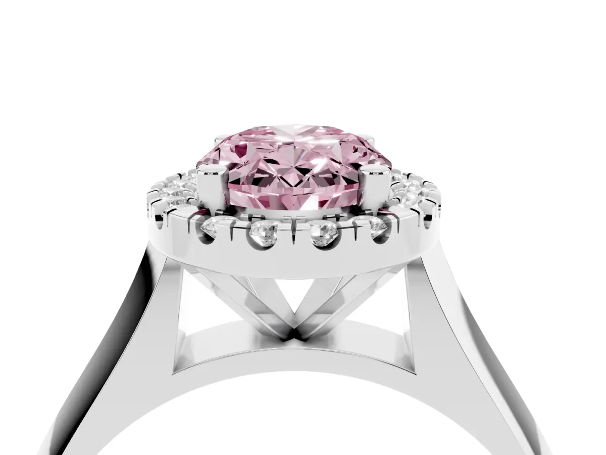 Fancy Pink Oval Cut Cut Halo Solitaire Engagement Ring with Square Band and Four-Prong Setting Silver