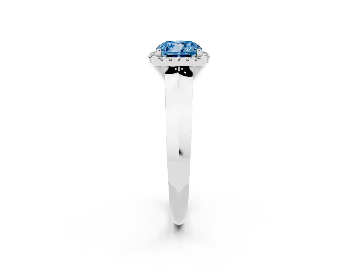 Fancy Blue Cushion Cut Halo Diamond Ring with Cathedral Band and Four-Prong Setting Silver