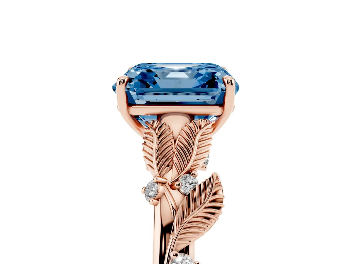Fancy Blue Asscher Cut Diamond Solitaire Ring with Leaf Motif Band and Four-Prong Setting Rose gold