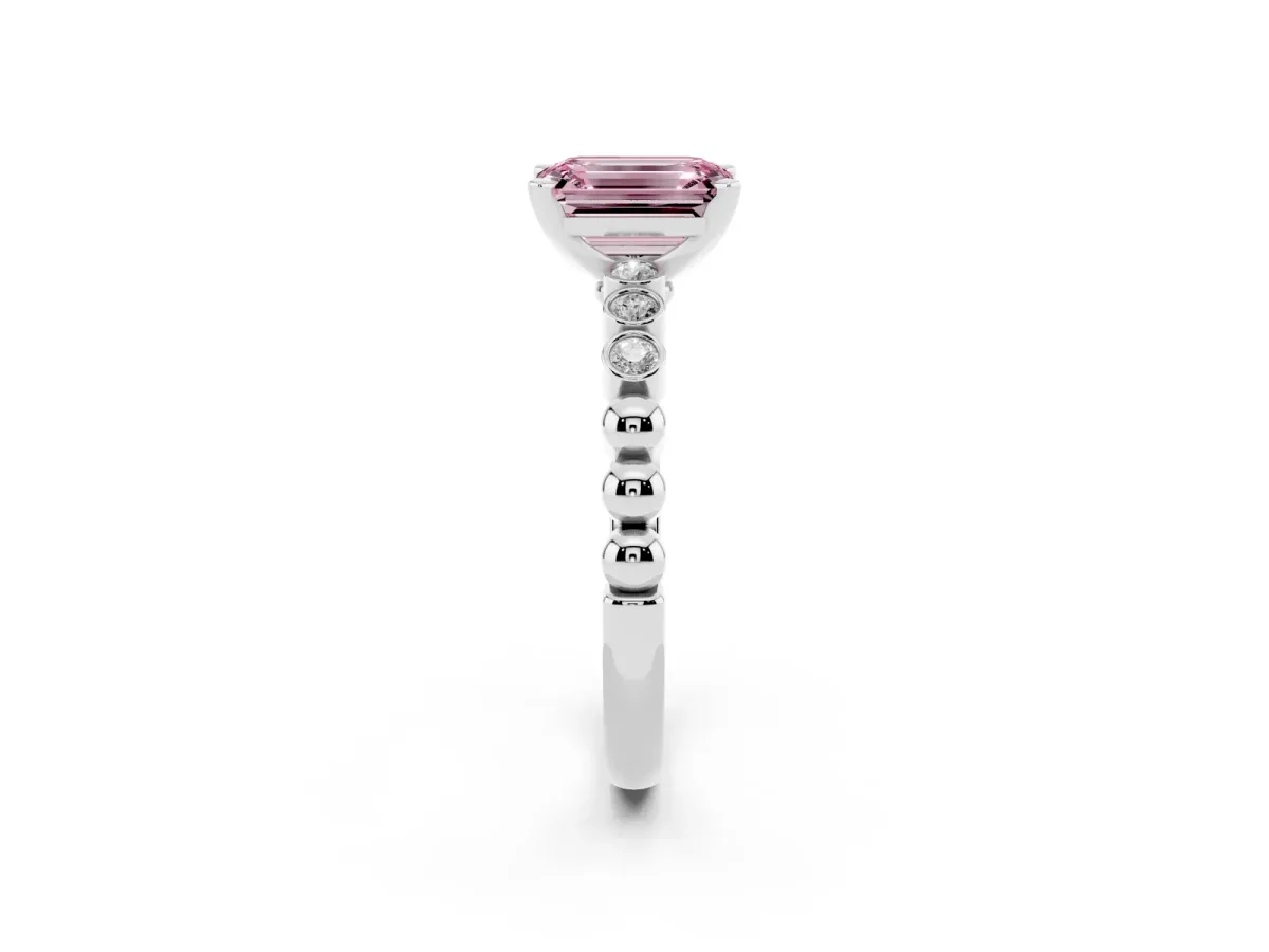 Fancy Pink Emerald Cut Solitaire Bezel Accent Diamond Engagement Ring with Beaded Band and Four-Prong Setting Silver