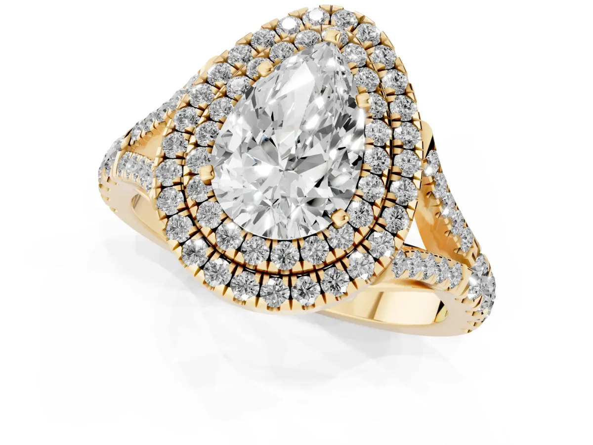Pear Cut Diamond Double Halo Ring with Split Shank and Prong Setting Yellow gold