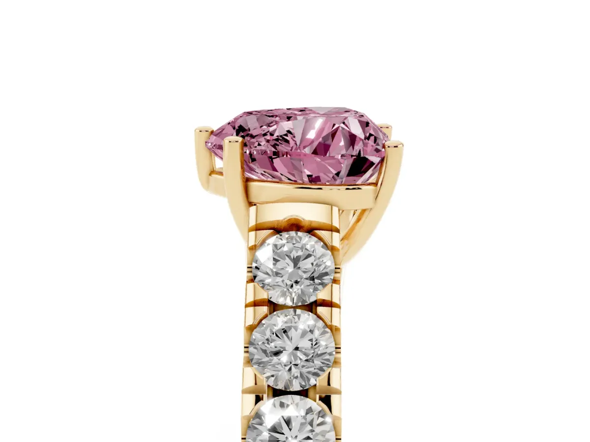 Fancy Pink Heart Cut Cut Diamond Solitaire Ring with Micro Pave Band and Prong Setting Yellow gold