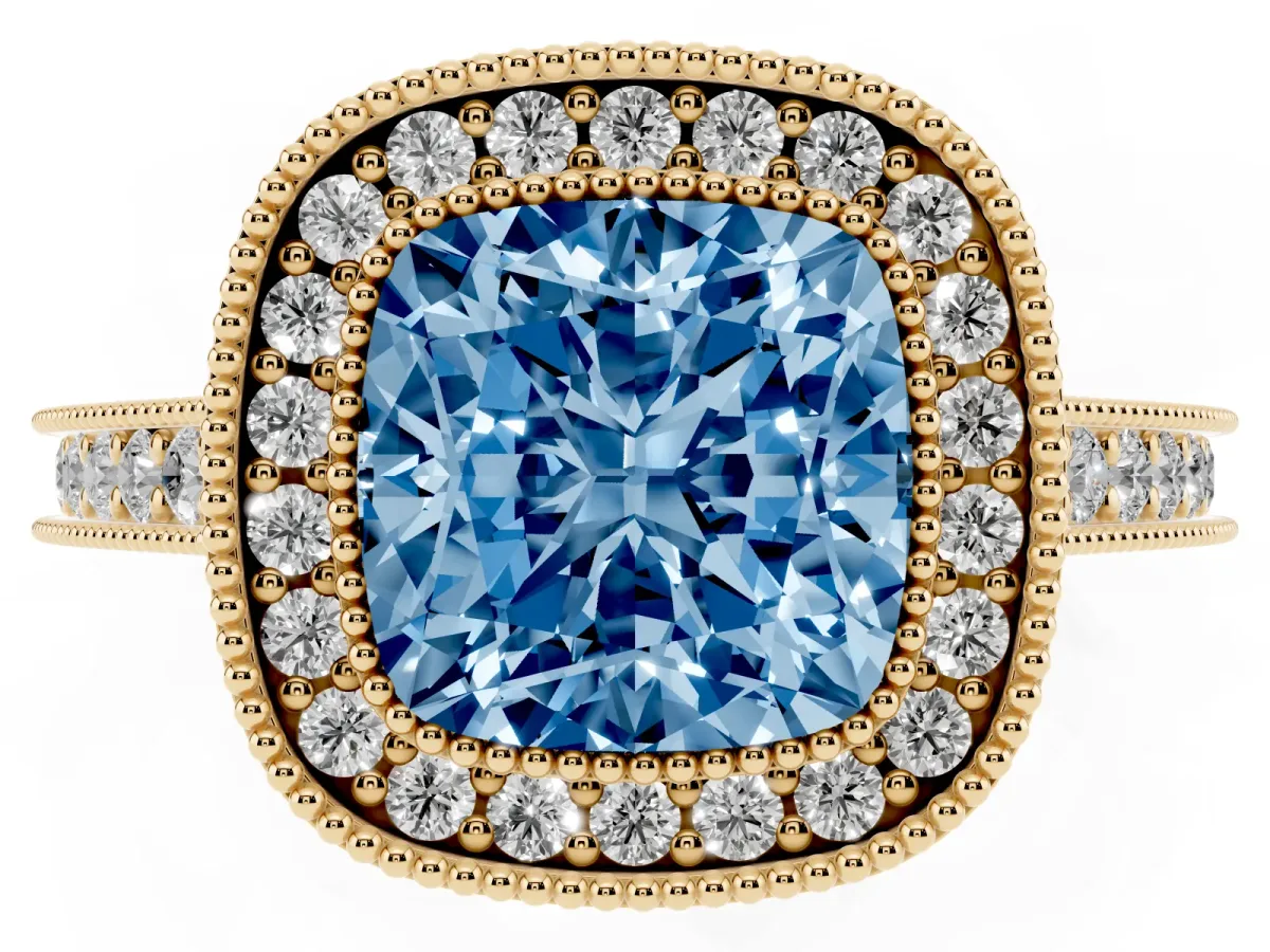 Fancy Blue Halo Cushion Cut-Cut Diamond Pave Band Milgrain Prong Setting Ring Yellow gold