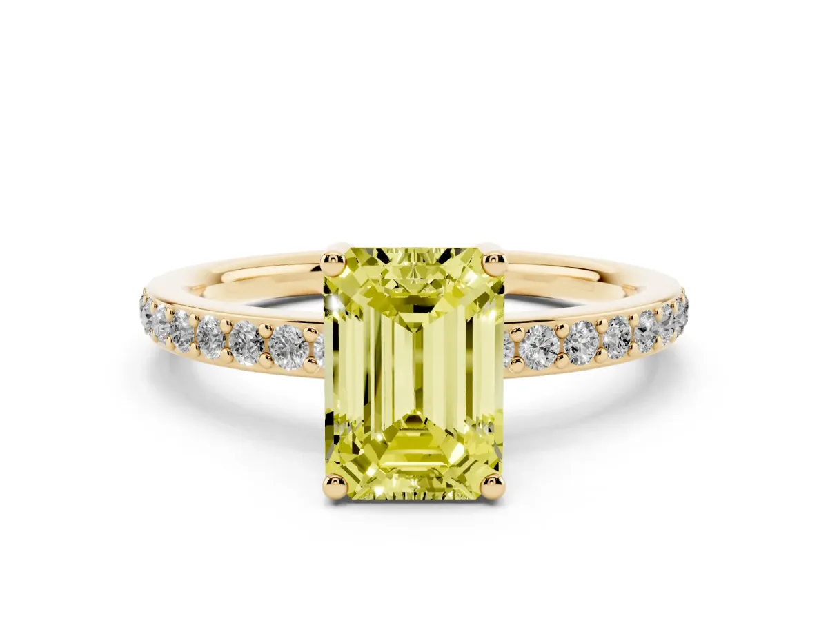 Fancy Yellow Emerald Cut Cut Diamond Pavé Band Ring with Four-Prong Setting Yellow gold