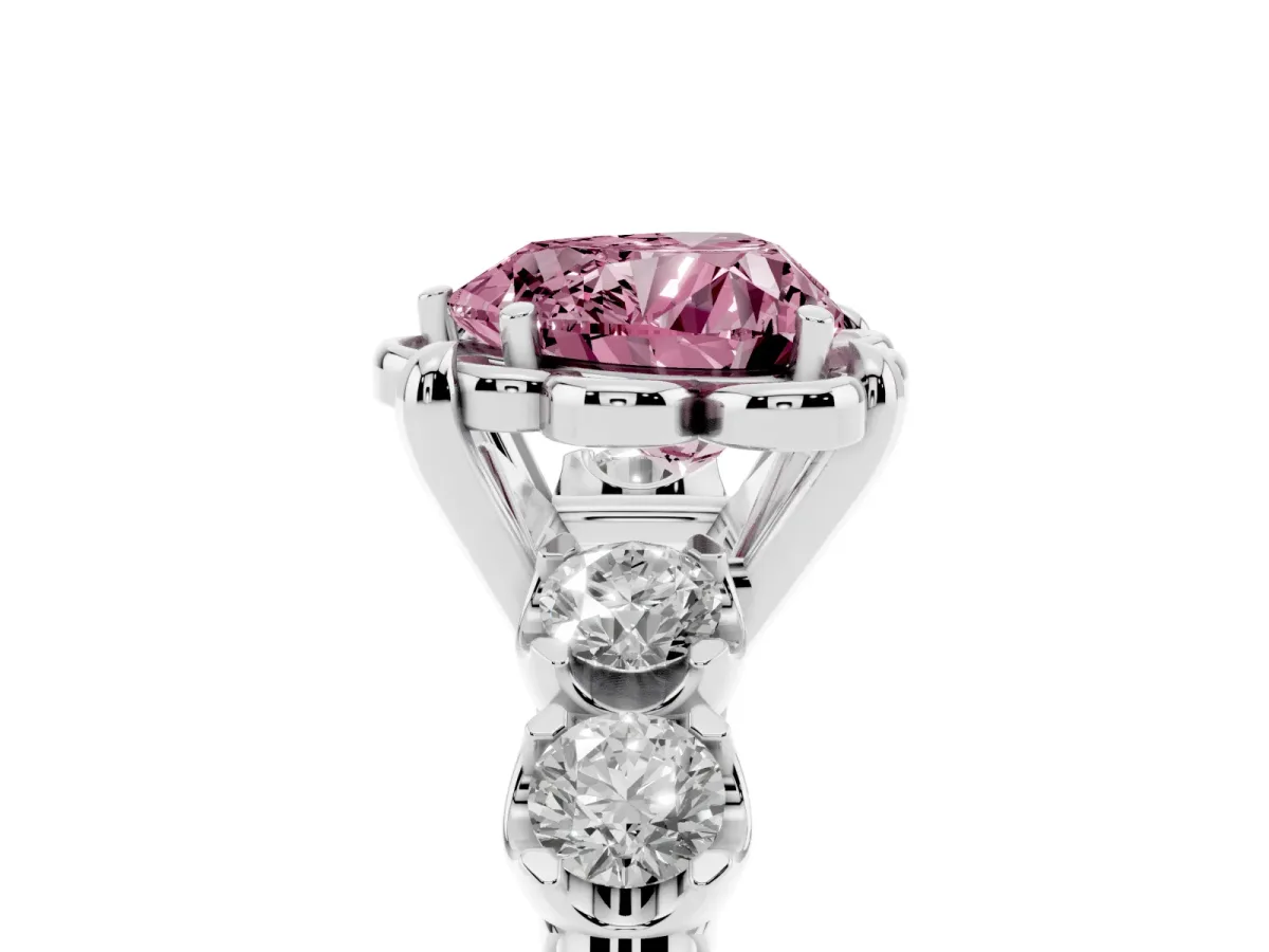 Fancy Pink Heart Cut Cut Diamond Floral Halo Engagement Ring with Shared Prong Setting Silver