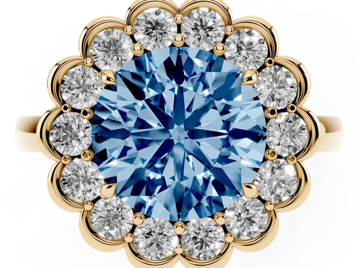 Fancy Blue Round Cut Halo Cluster Diamond Engagement Ring with Solitaire Band and Prong Setting Yellow gold