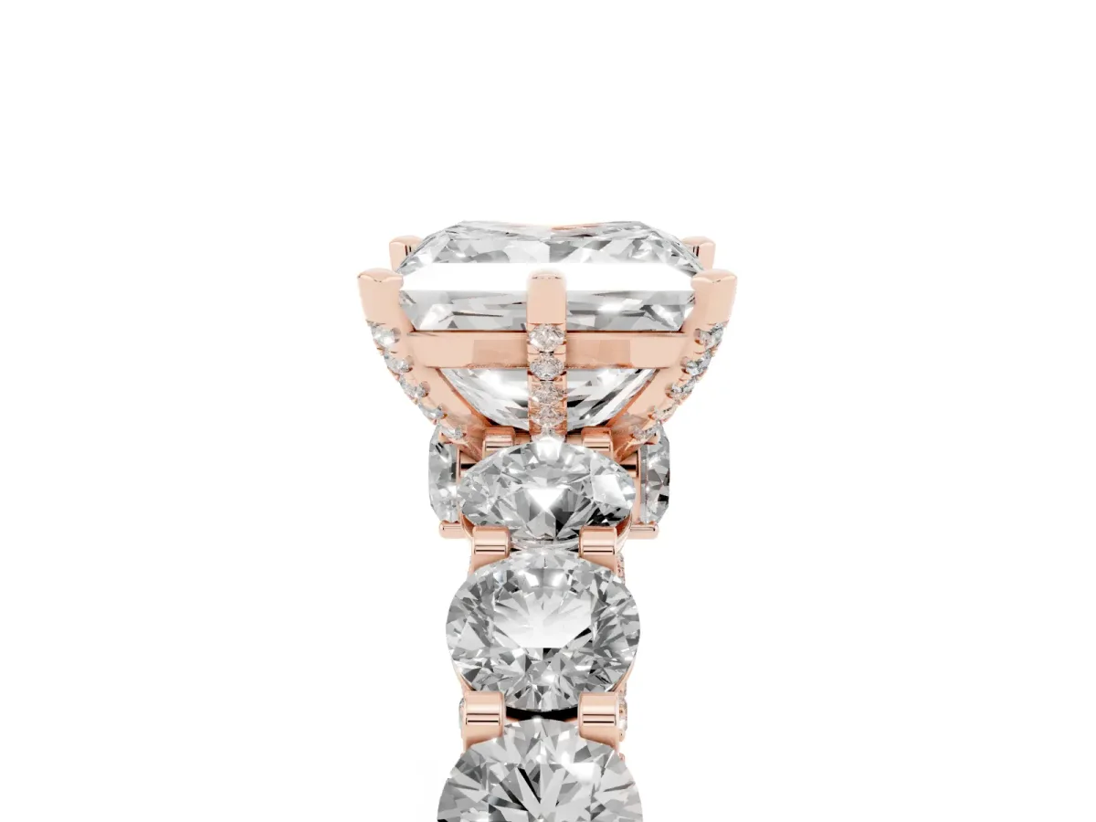 Princess Cut Diamond Side Stone Engagement Ring with Four-Prong Setting Rose gold