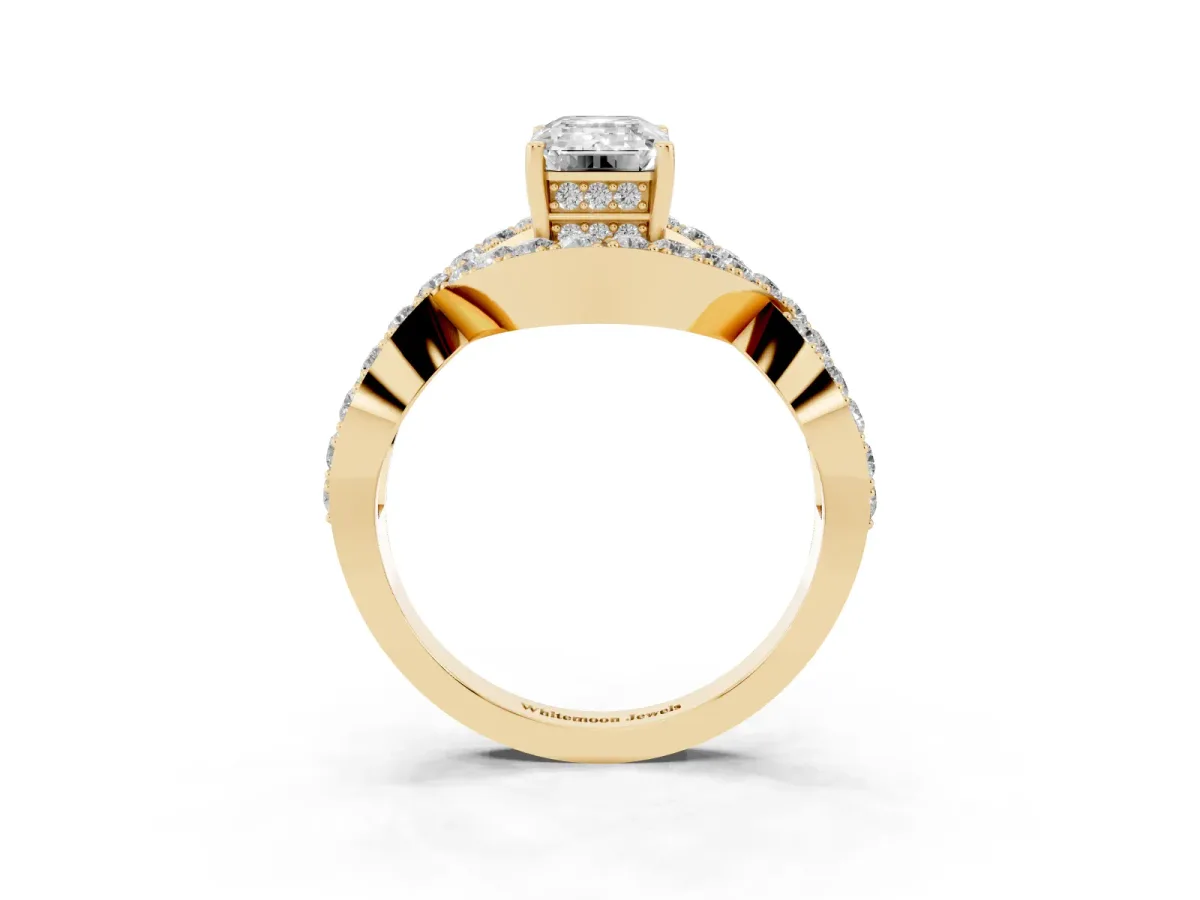 Emerald Cut Solitaire Twist Band Pavé Diamond Engagement Ring Yellow gold