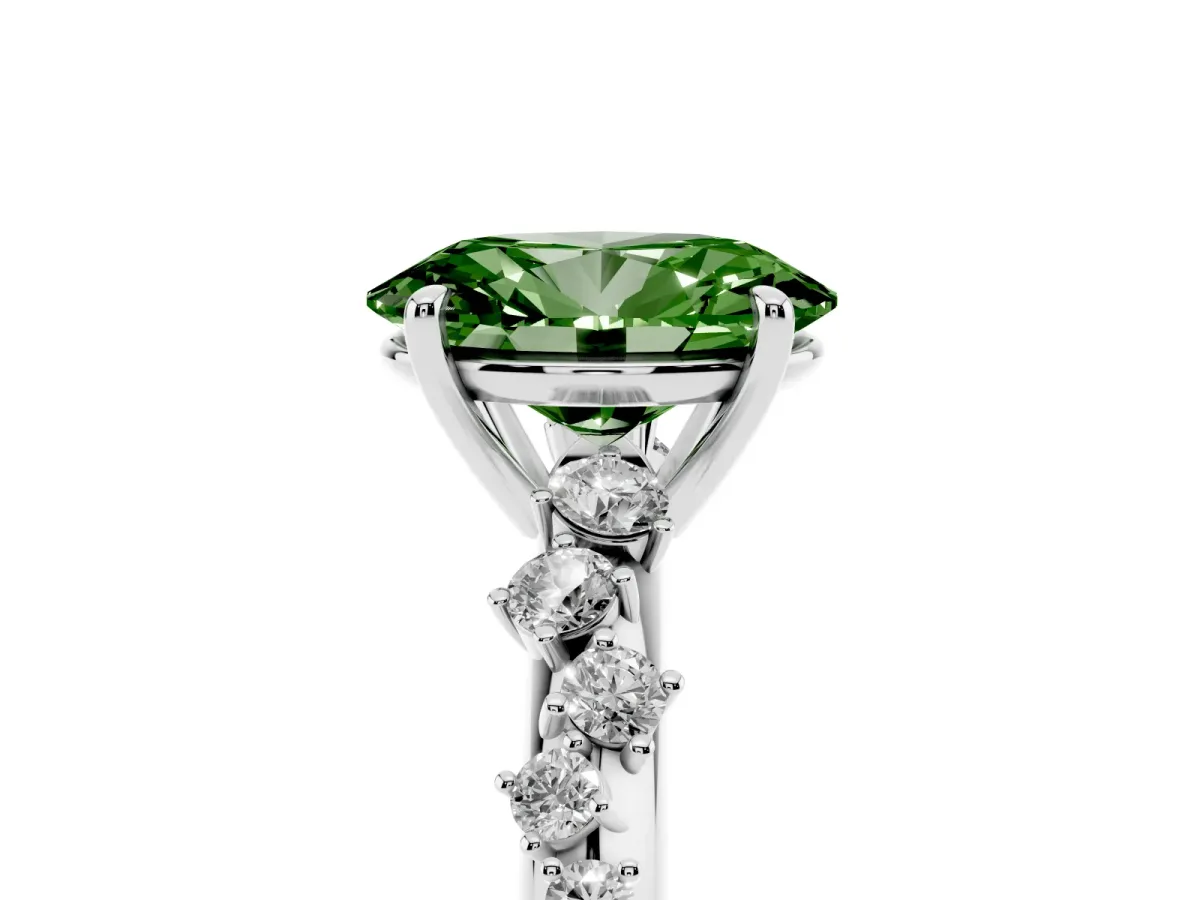 Fancy Green Oval Cut Diamond Cluster Side Stone Solitaire Ring with Prong Setting White gold