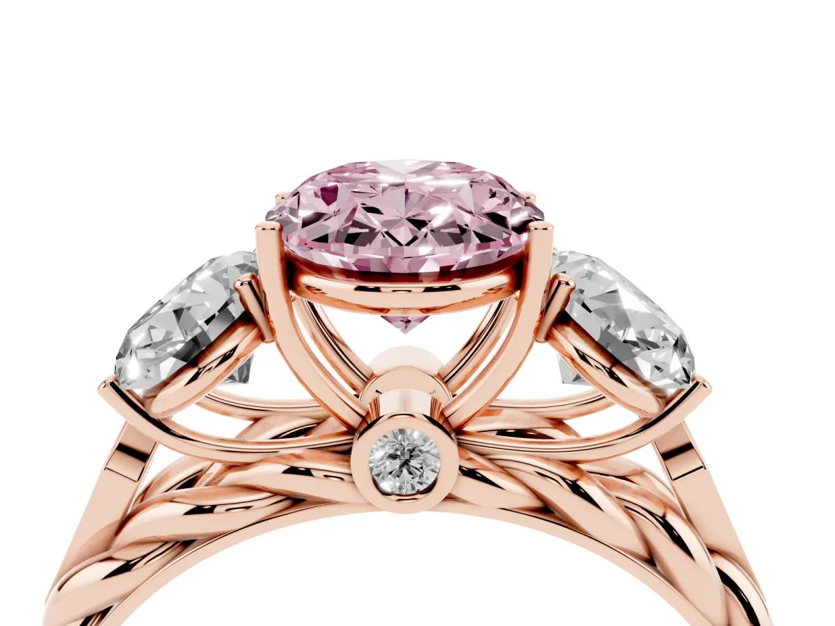 Fancy Pink Three-Stone Oval Cut Diamond Braided Band Ring with Four-Prong Setting Rose gold
