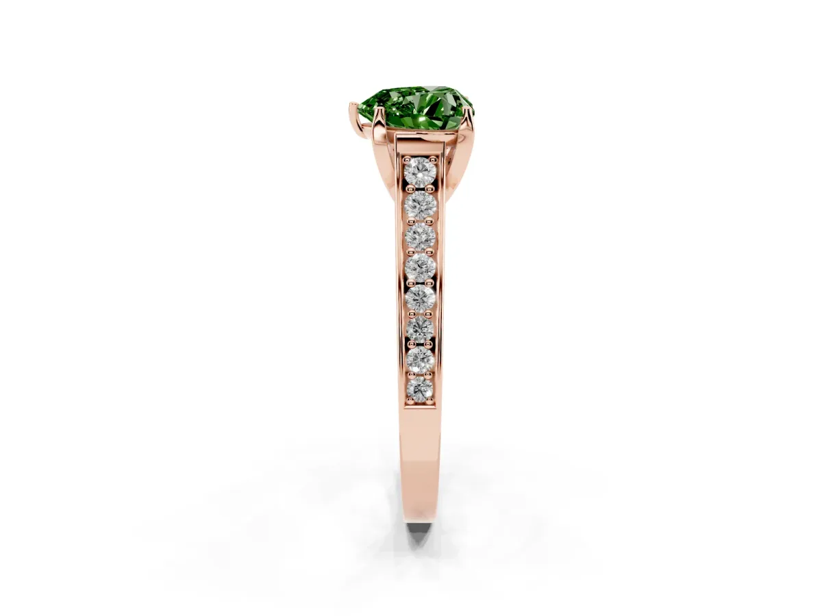 Fancy Green Heart Cut Brilliant Cut Diamond Engagement Ring with Pavé Band and Four-Prong Setting Rose gold